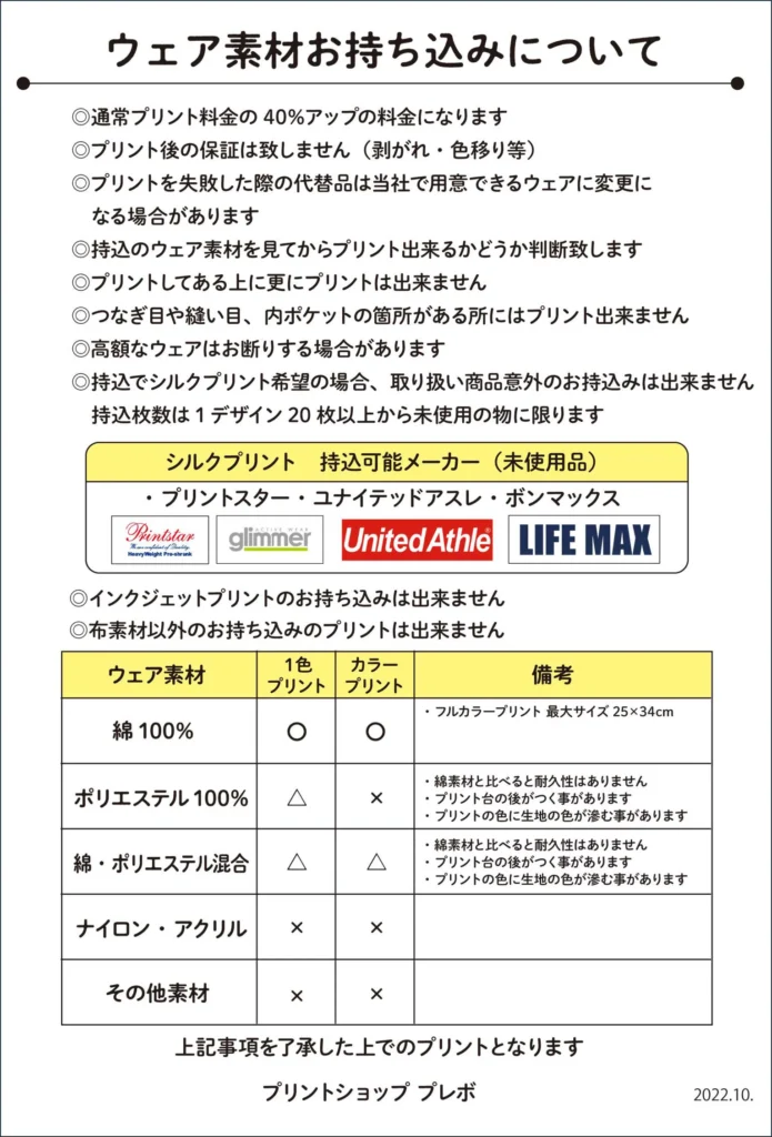 ウェア素材お持ち込みについての説明